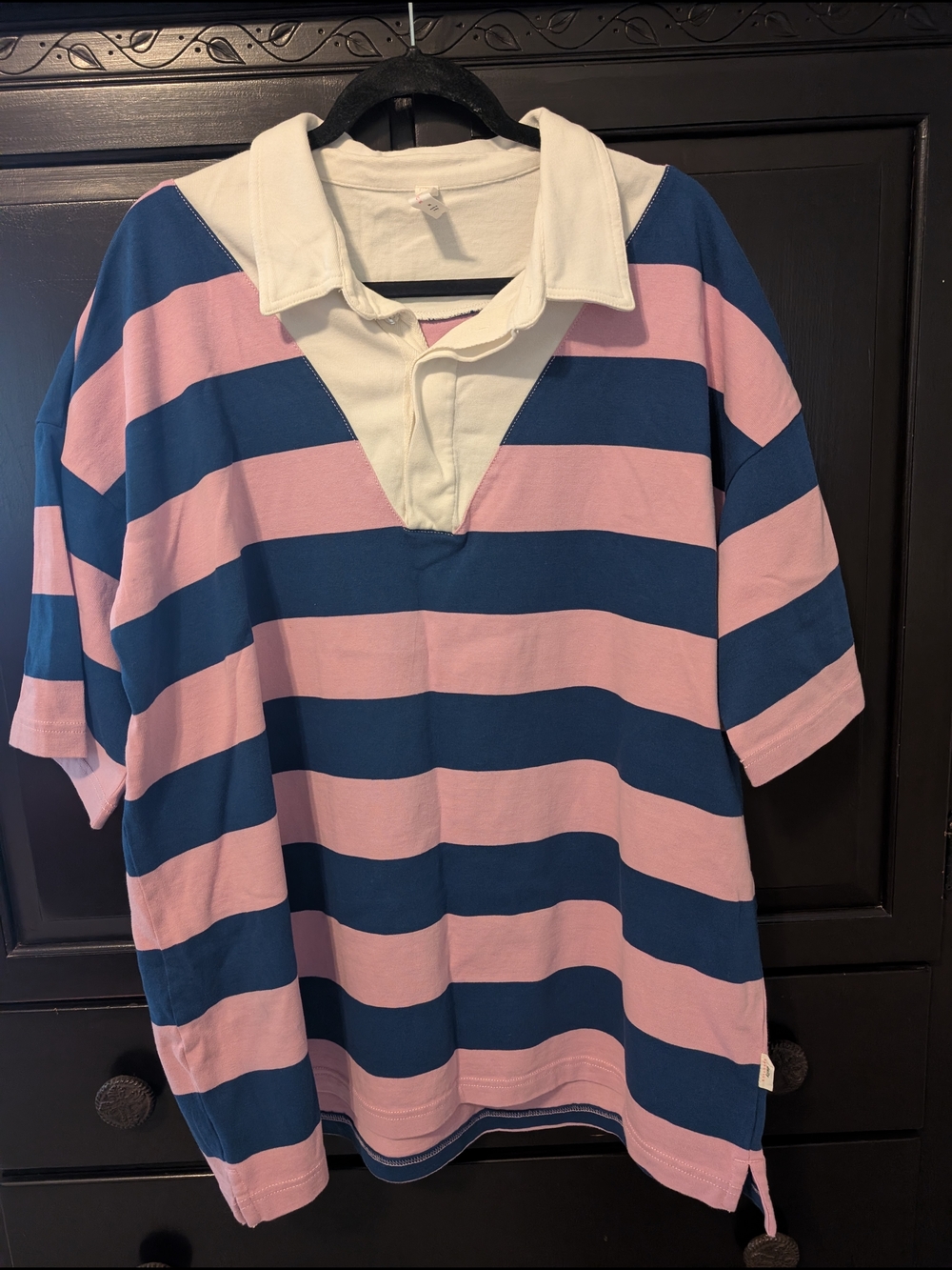 Women's Pink and Navy Striped Polo Tunic with White Collar